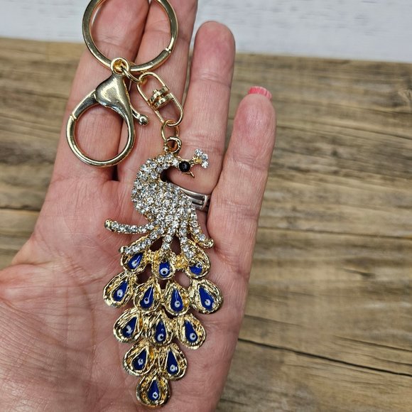 Blue and Gold Rhinestone Peacock Key Chain Bag Charm - Picture 3 of 3